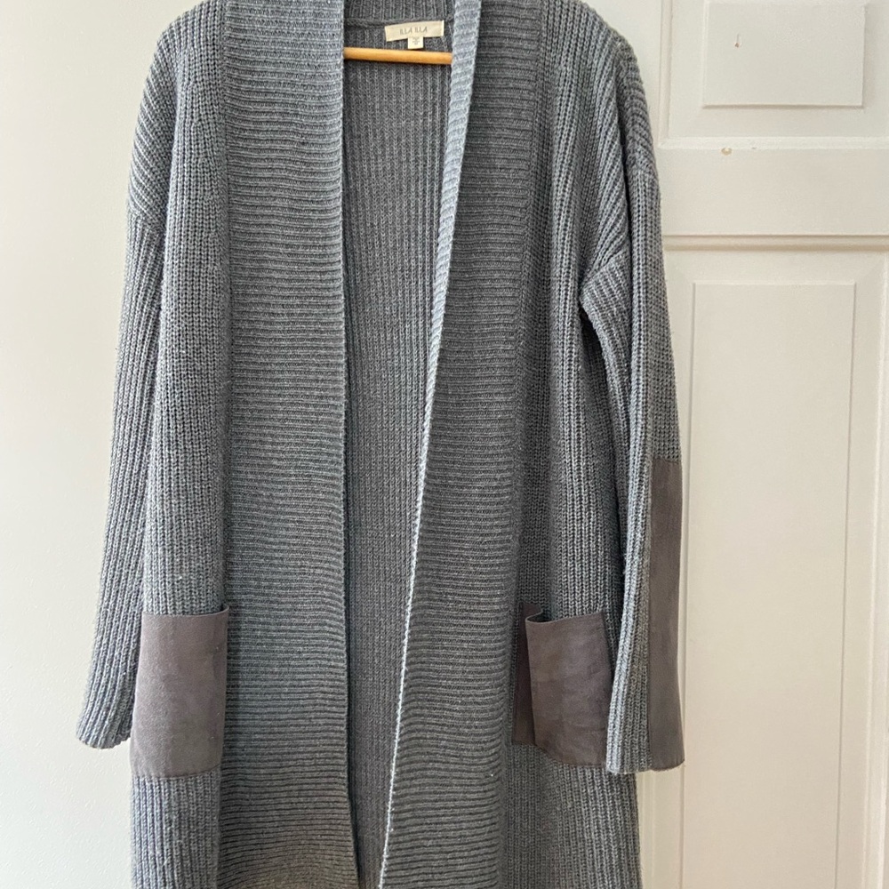 Gray Ribbed Open Cardigan with Suede Pockets